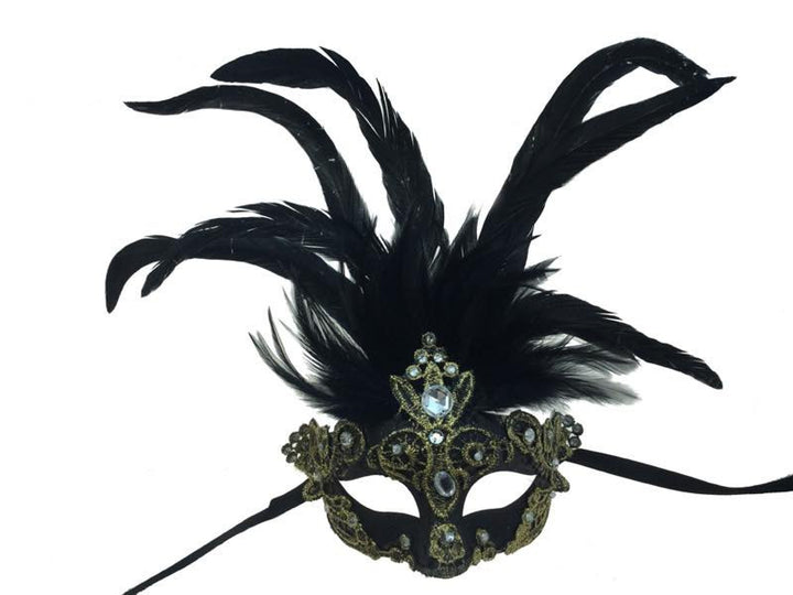 Half Mask with Feathers  & Clear Jewels - Black & Gold