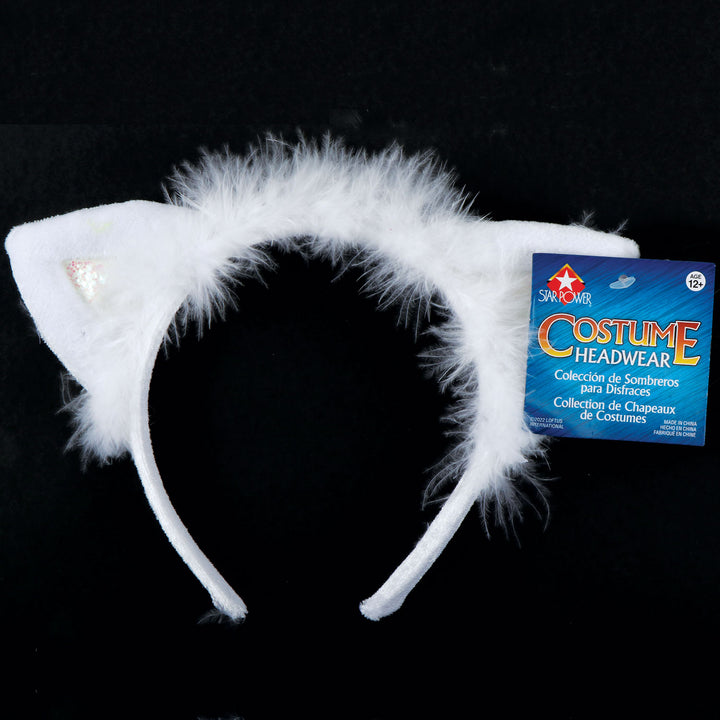 White Cat Ears Headband with Feather Trim