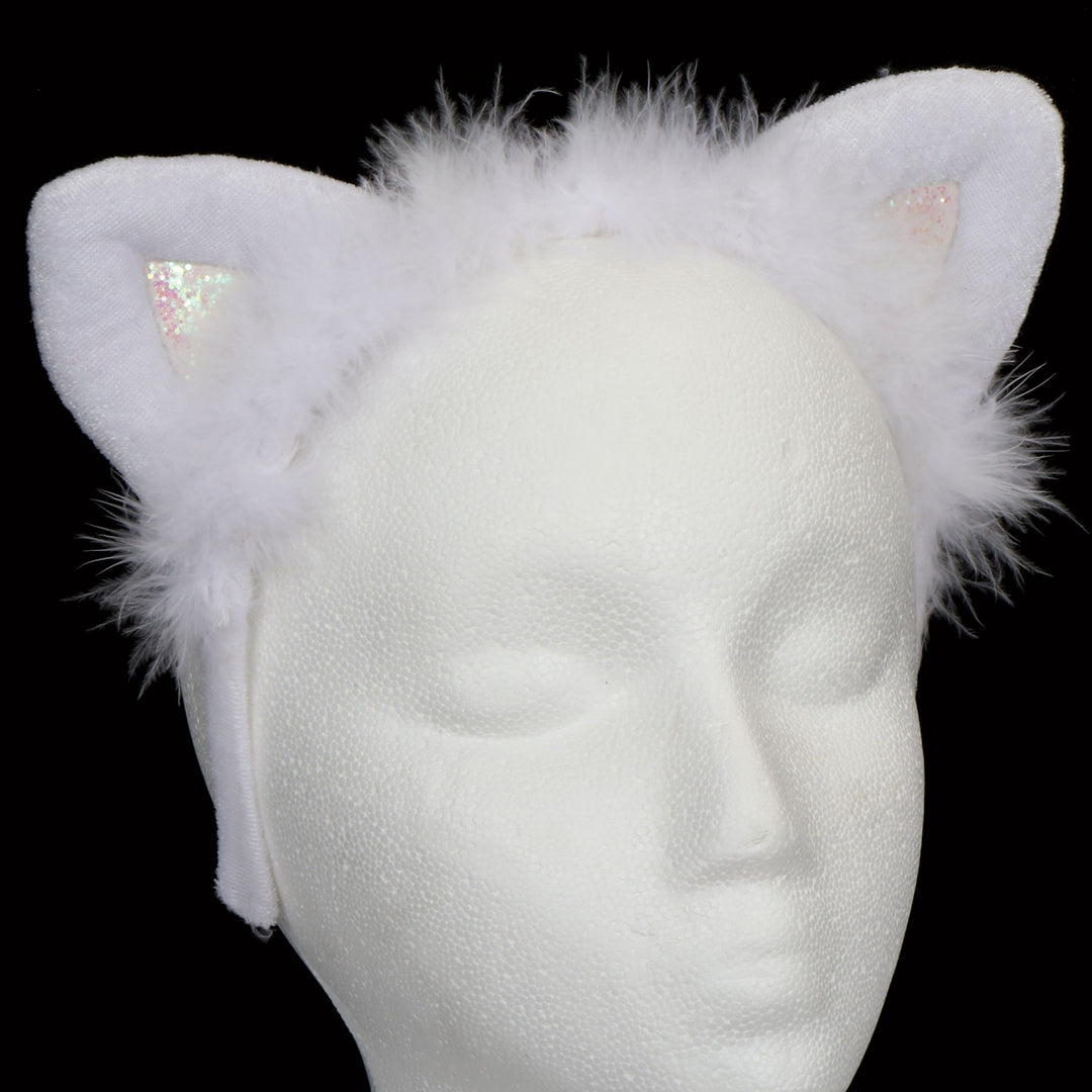 White Cat Ears Headband with Feather Trim
