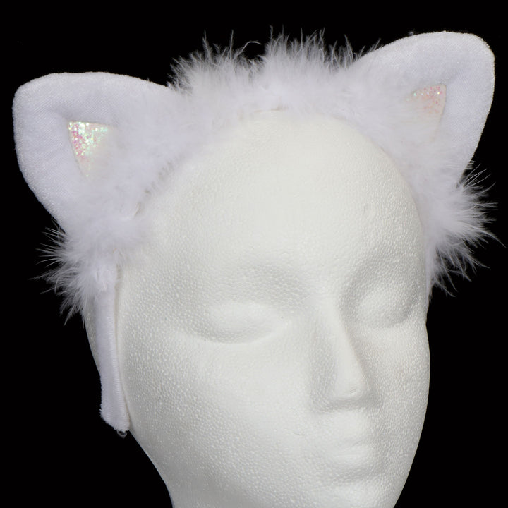 White Cat Ears Headband with Feather Trim