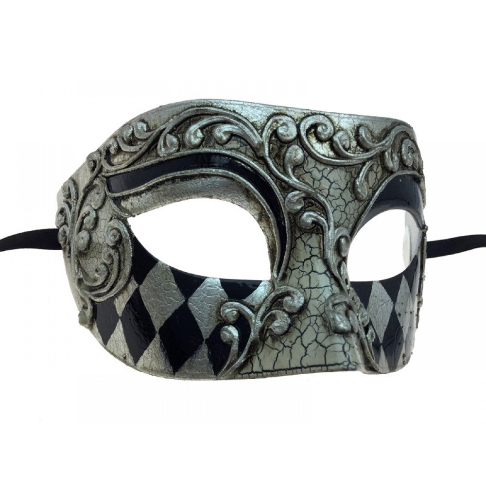 Silver & Black Crackled Harlequin Print Half Mask