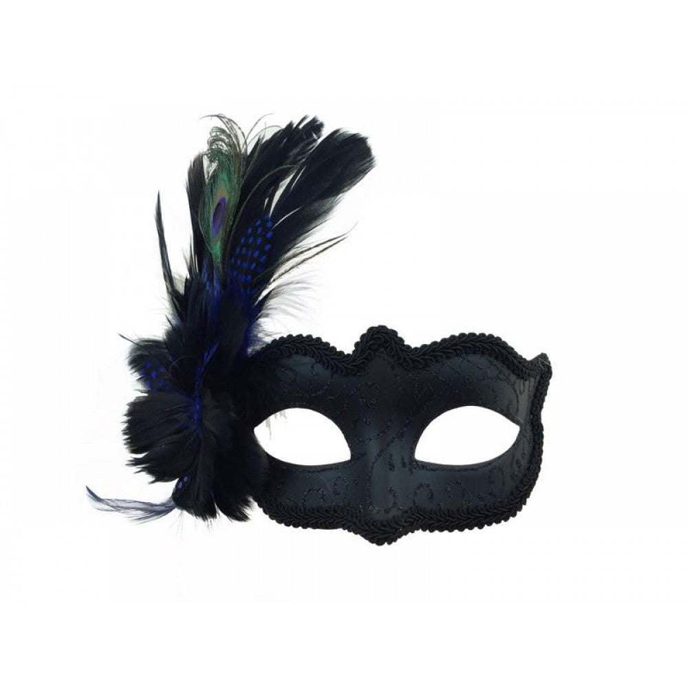 Black Peacock Feather Half Mask