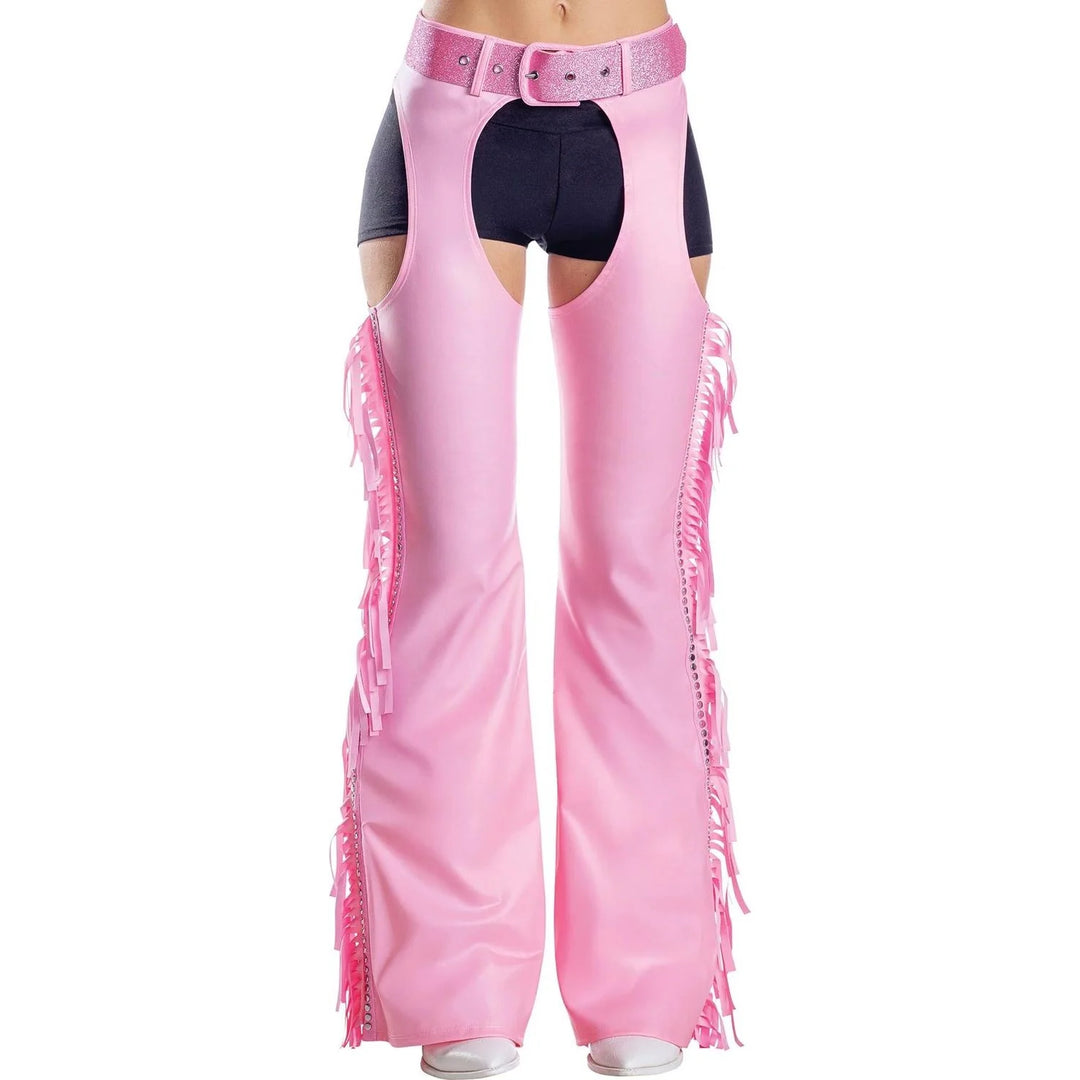 Leather Look Pink Chaps with Fringe for Women