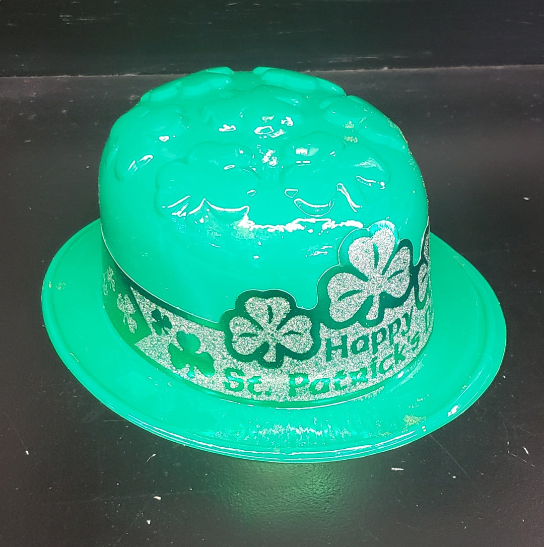 Green Plastic Happy St. Patrick's Day Glitter Derby Bowler Hat with clovers