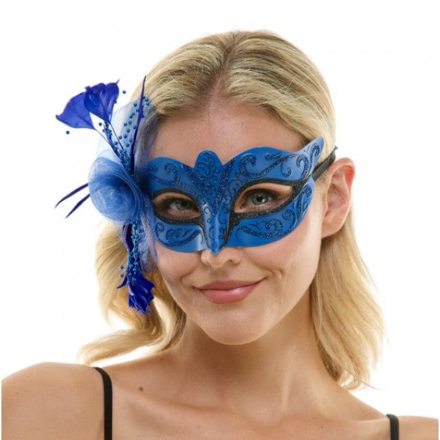 Royal Blue Fascinator Half Mask with Tulle Flower & Feather by KBW