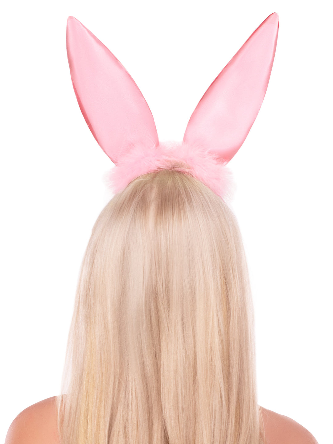 Bendable Satin Bunny Ears with Maribo Feather Trim - Pink