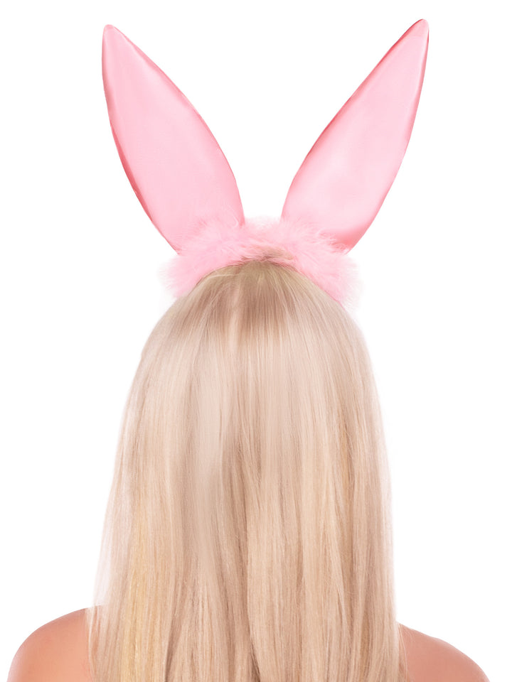Bendable Satin Bunny Ears with Maribo Feather Trim - Pink