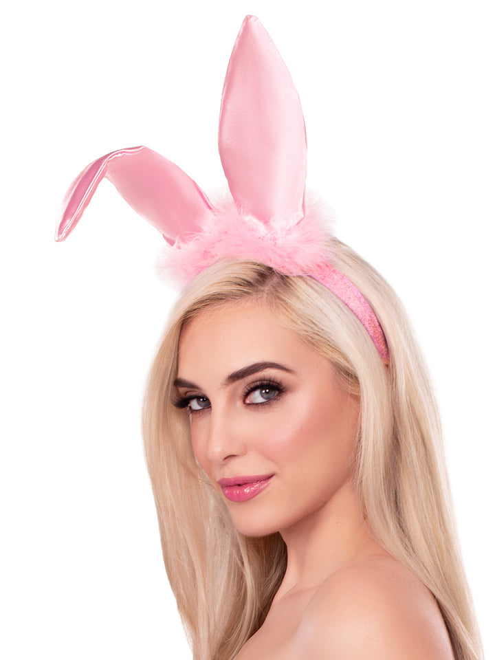 Bendable Satin Bunny Ears with Maribo Feather Trim - Pink