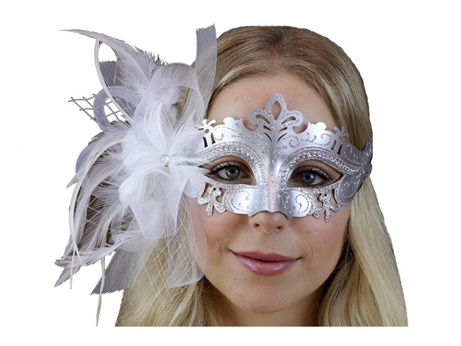 Masquerade Mask with Tulle & Feathers - White & Silver