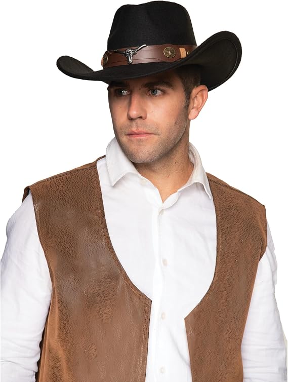 Brown Cowboy Hat with Faux Bull Horns Adult
