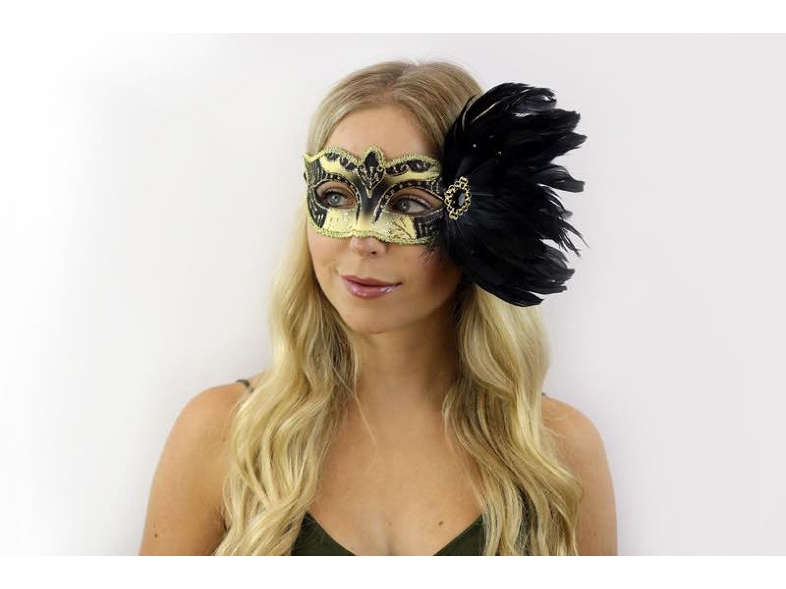 Masquerade Mask with Feathers - Black & Gold