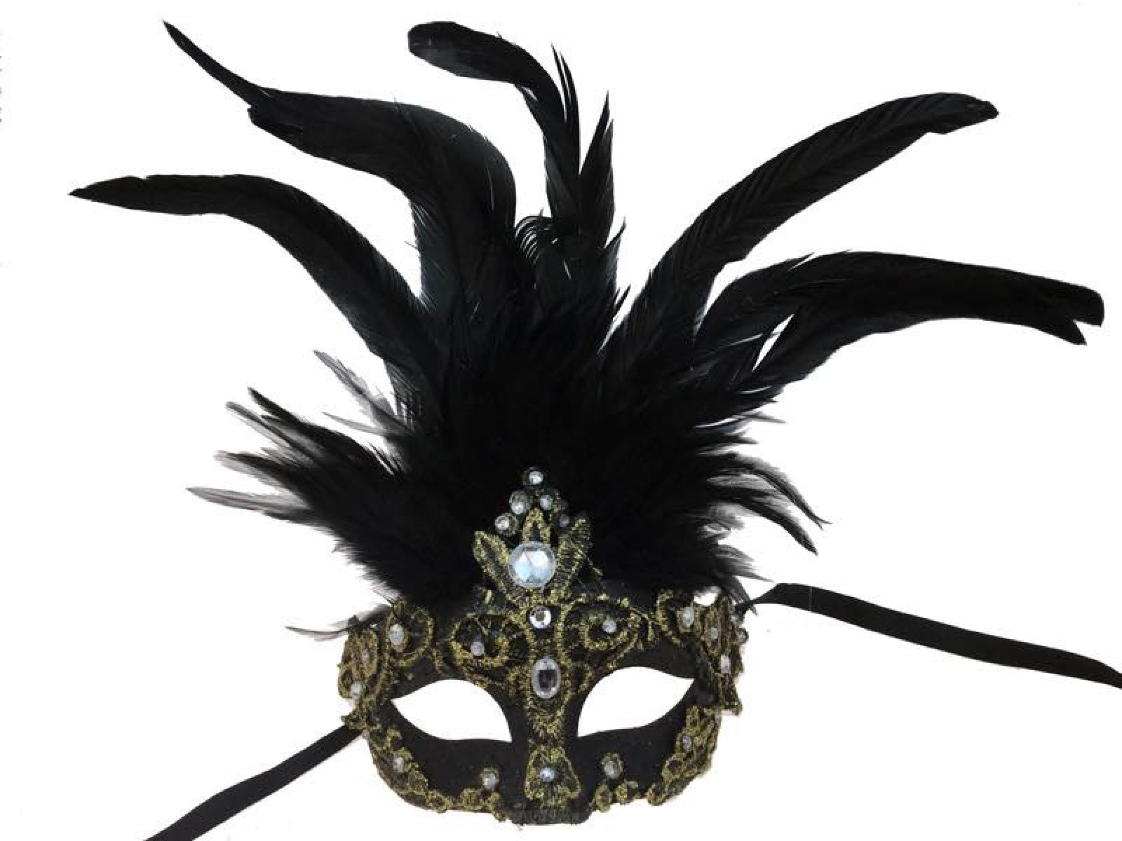 Half Mask with Feathers  & Clear Jewels - Black & Gold