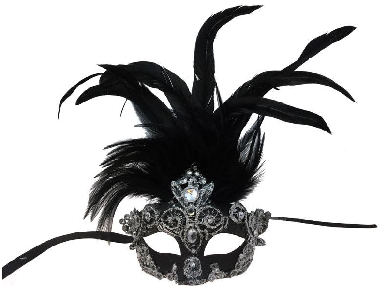 Half Mask with Feathers & Clear Jewels - Black & Silver