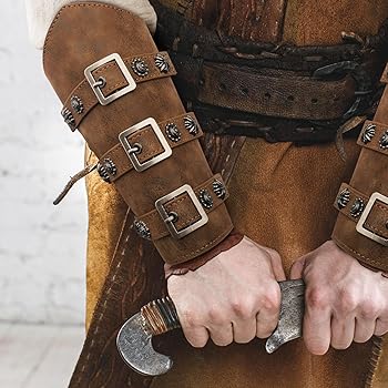 Faux Leather Long Arm Cuff with Buckles and Nail Heads Brown