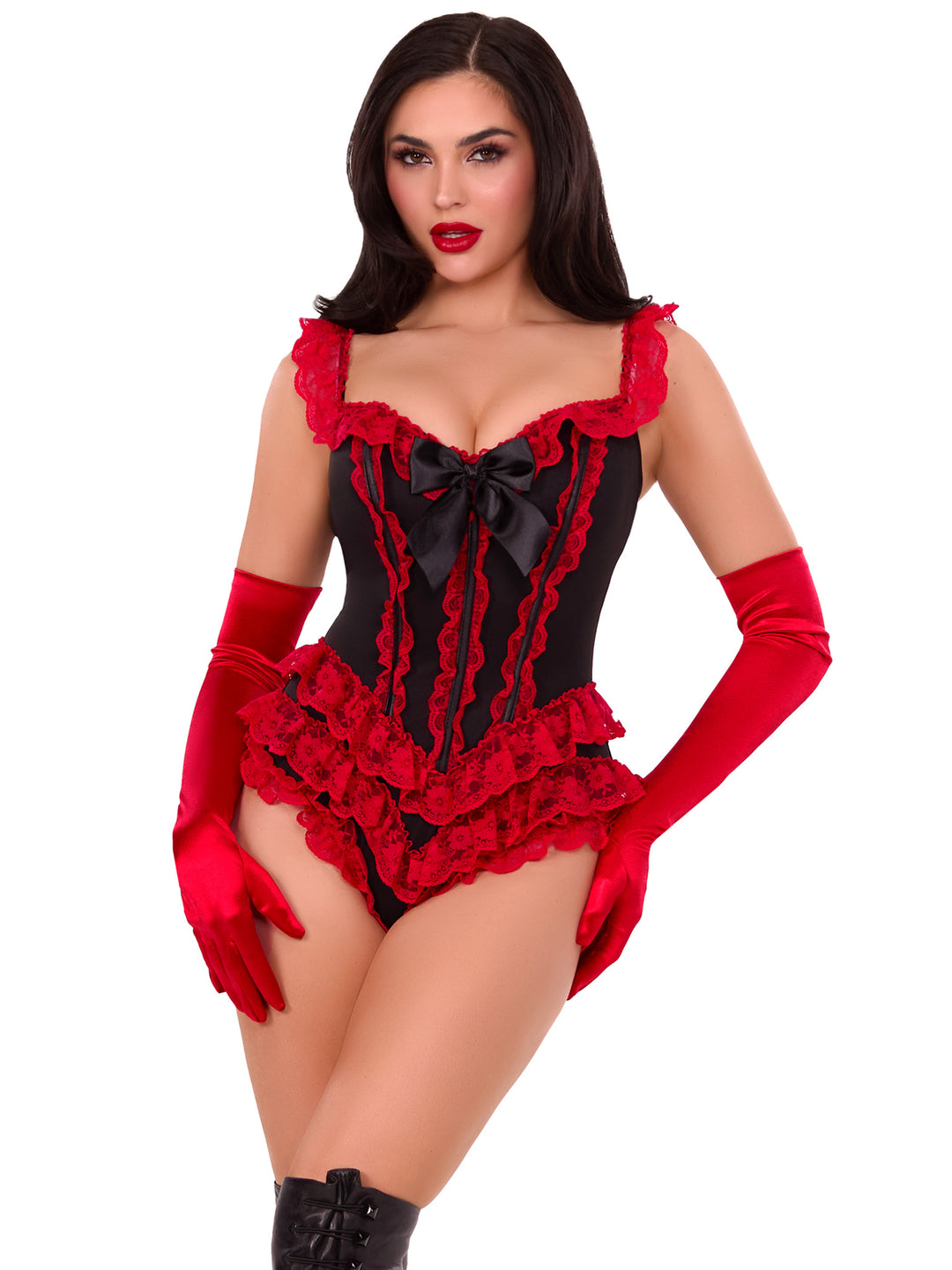 Ruffle Bodysuit with Corset Boning - Red & Black