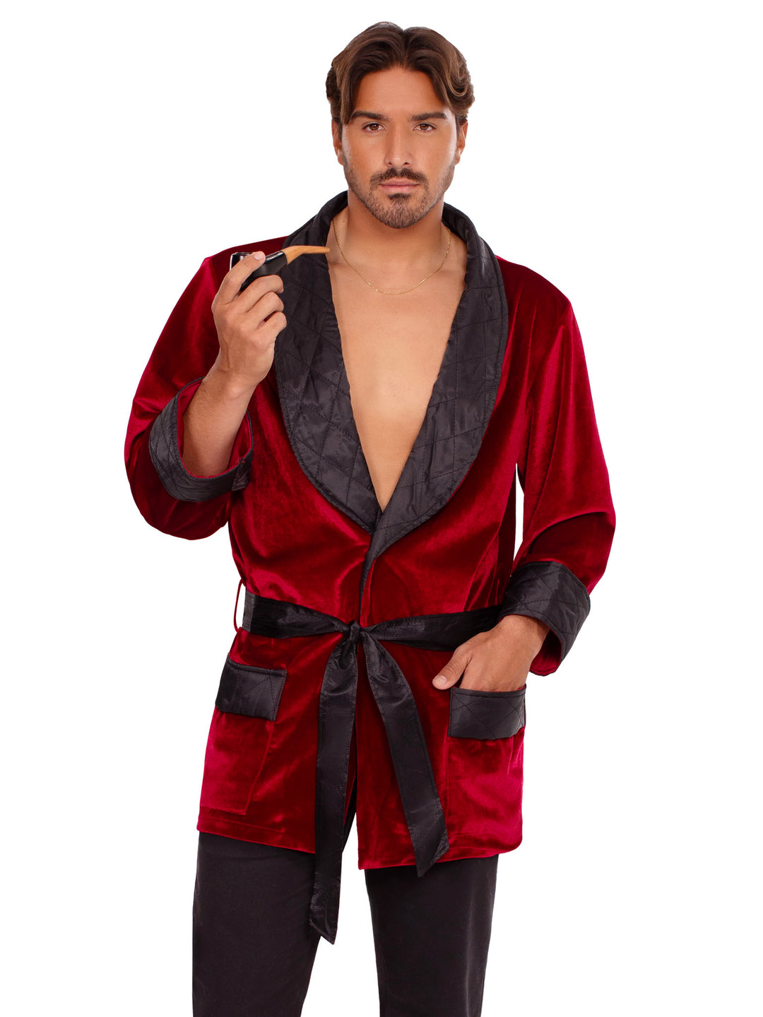 Deluxe Velvet Smoking Jacket & Pipe - Deep Red with Black Trim - Adult