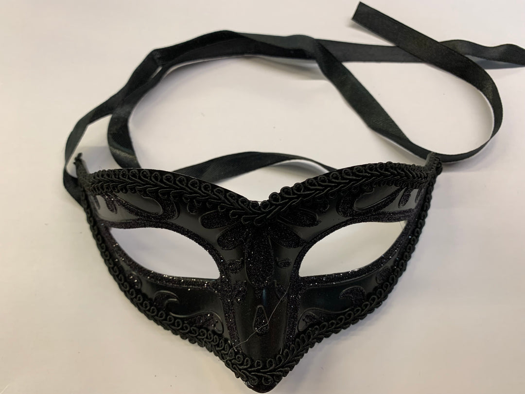 Black Glitter Masquerade Half Mask with Ribbon Ties