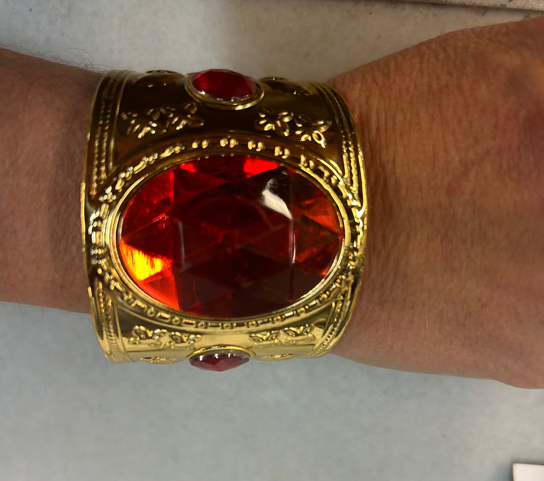 Gold Metal Bracelet with Red Jewel