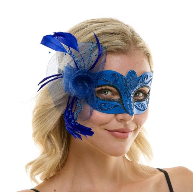 Royal Blue Fascinator Half Mask with Tulle Flower & Feather by KBW