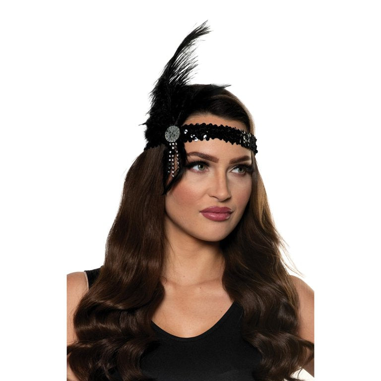 Roaring 20’s Black Sequin Headband with Feathers