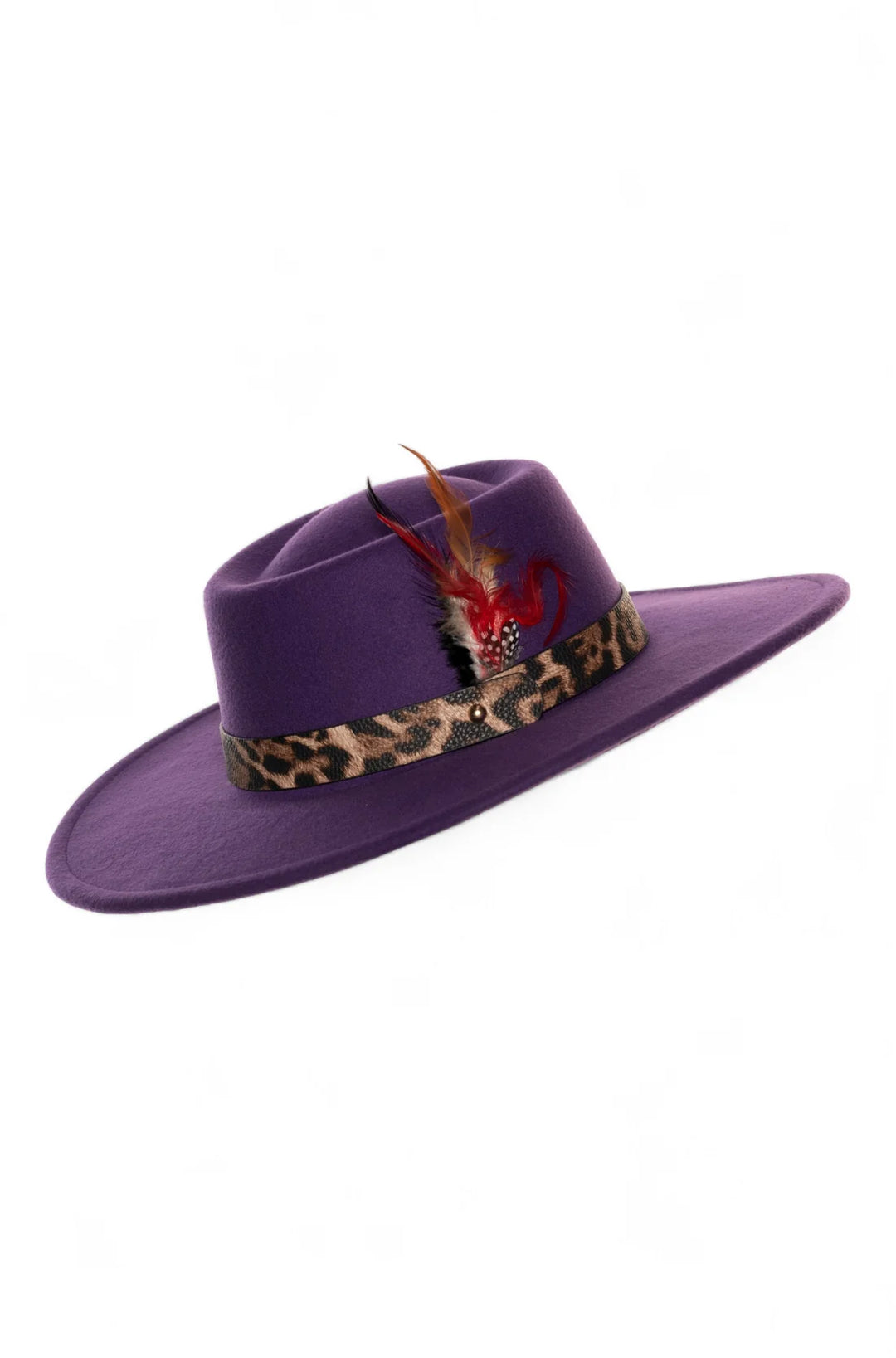 Purple Pimp Hat with Feathers &amp; Leopard Trim-