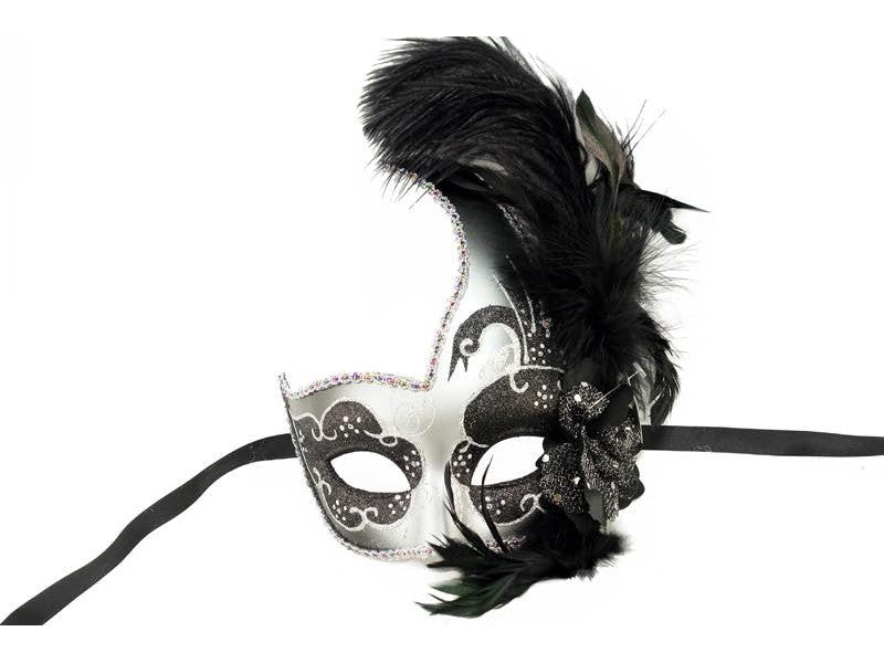 Black & Silver Half Mask with Glitter & Feathers