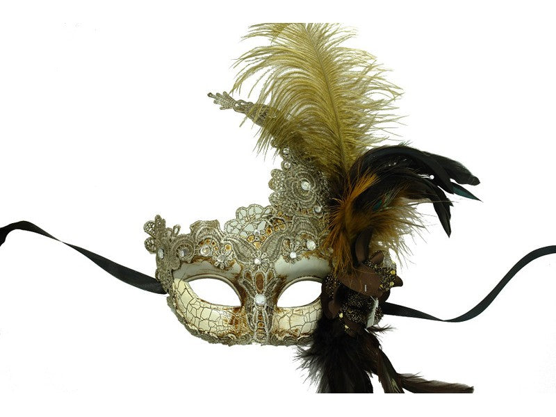 Antique Silver Mask with Feathers, Lace, & Crystals