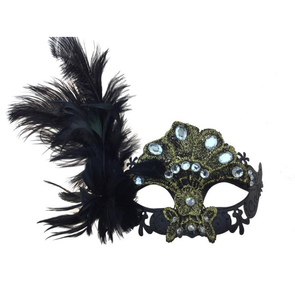Black/Gold Gem Feather Mask
