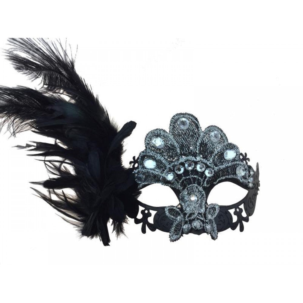 Black/Silver Gem Feather Mas