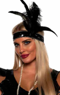 Sequin Black Flapper Headband with Black Plume Feathers