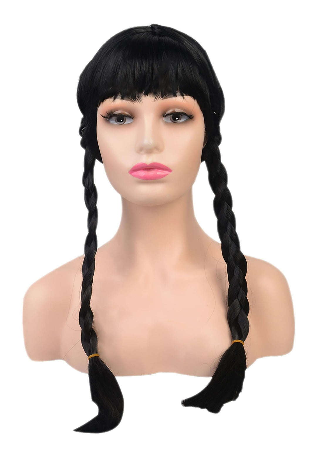 Black Pigtail Wig with Bangs