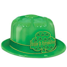 Green Plastic Happy St. Patrick's Day Derby Bowler Hat with clovers