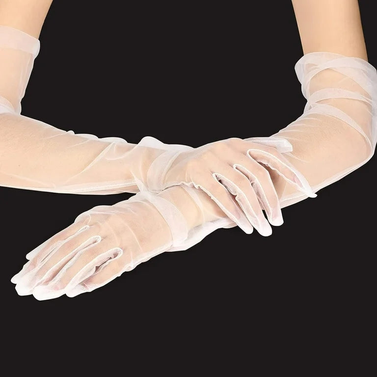 Sheer White Long Opera Length Gloves - White