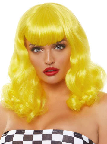 Retro Wavy Bob with Bangs - Bright Yellow