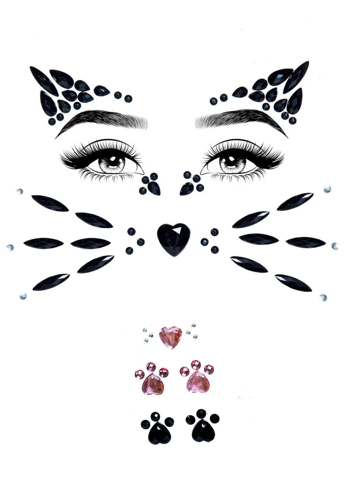 Stick on Black & Pink Kitty Cat Face Jewels