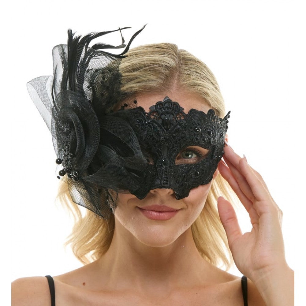 Black Lace Mask w/Feathers