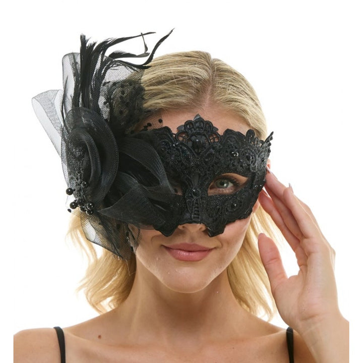 Black Lace Mask w/Feathers