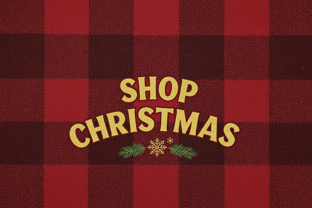 red flannel background that says shop christmas