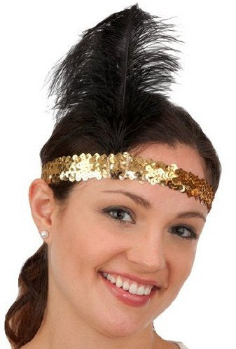 Gold Sequin Band with Black Feather