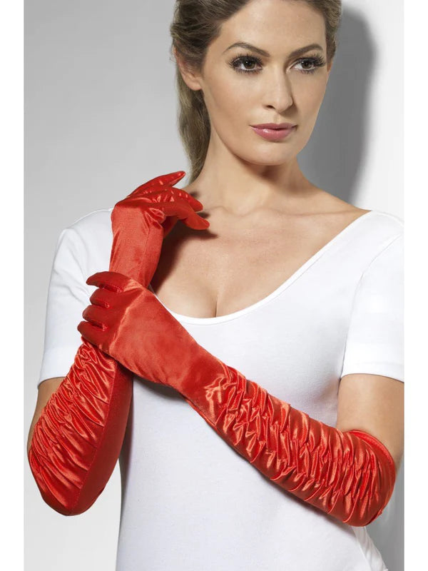 Elbow Length Ruched Gloves - Red