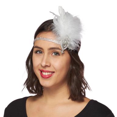 Flapper Headband Rhinestone w/White Feathers