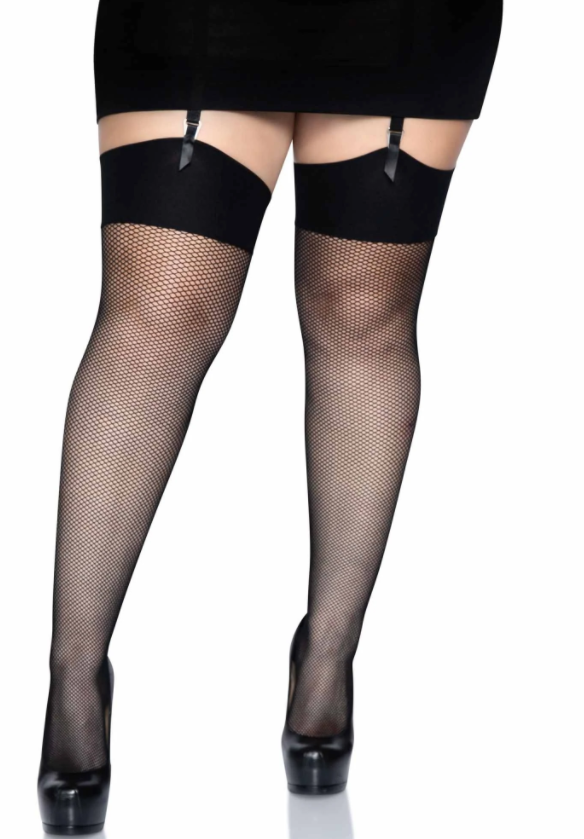 Black Fishnet Thigh High Stockings - Plus Size