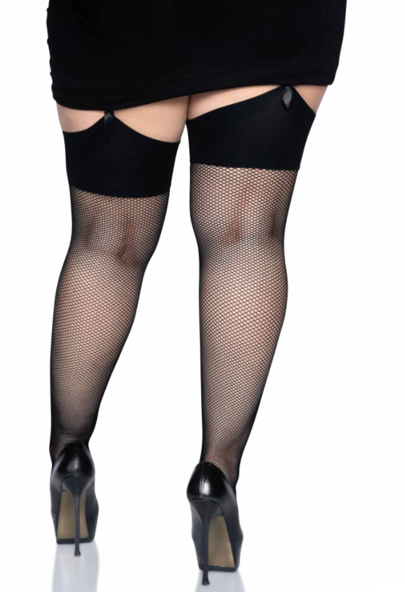 Black Fishnet Thigh High Stockings - Plus Size