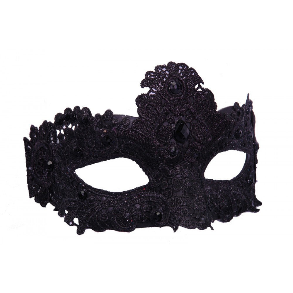 Black Masquerade Half Mask w/Lace Overlay & Black Crystals