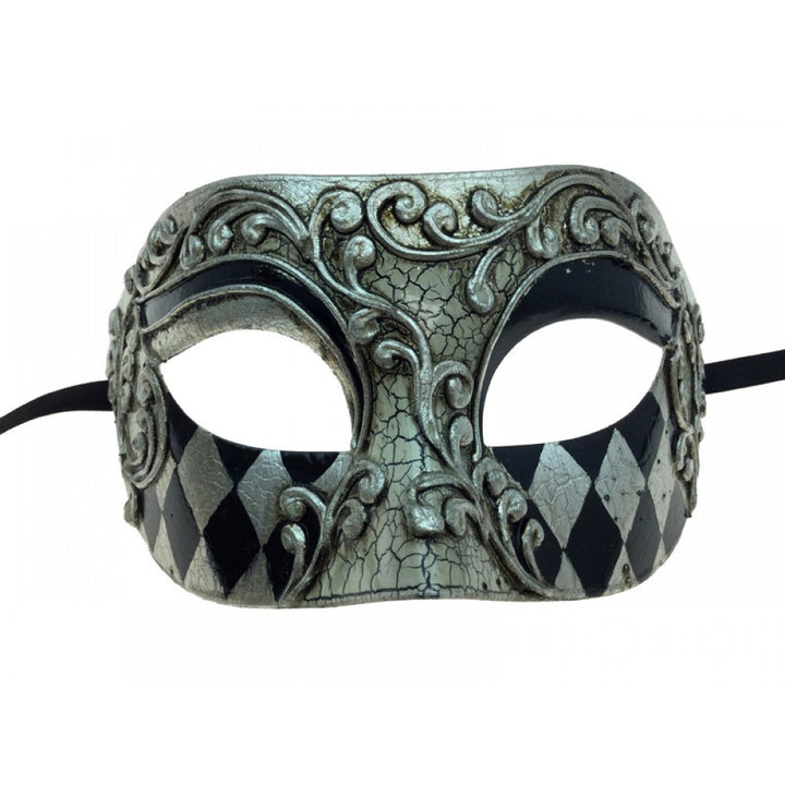 Silver & Black Crackled Harlequin Print Half Mask