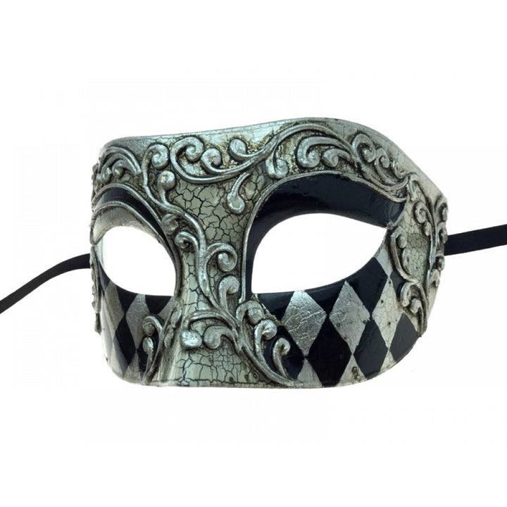 Silver & Black Crackled Harlequin Print Half Mask