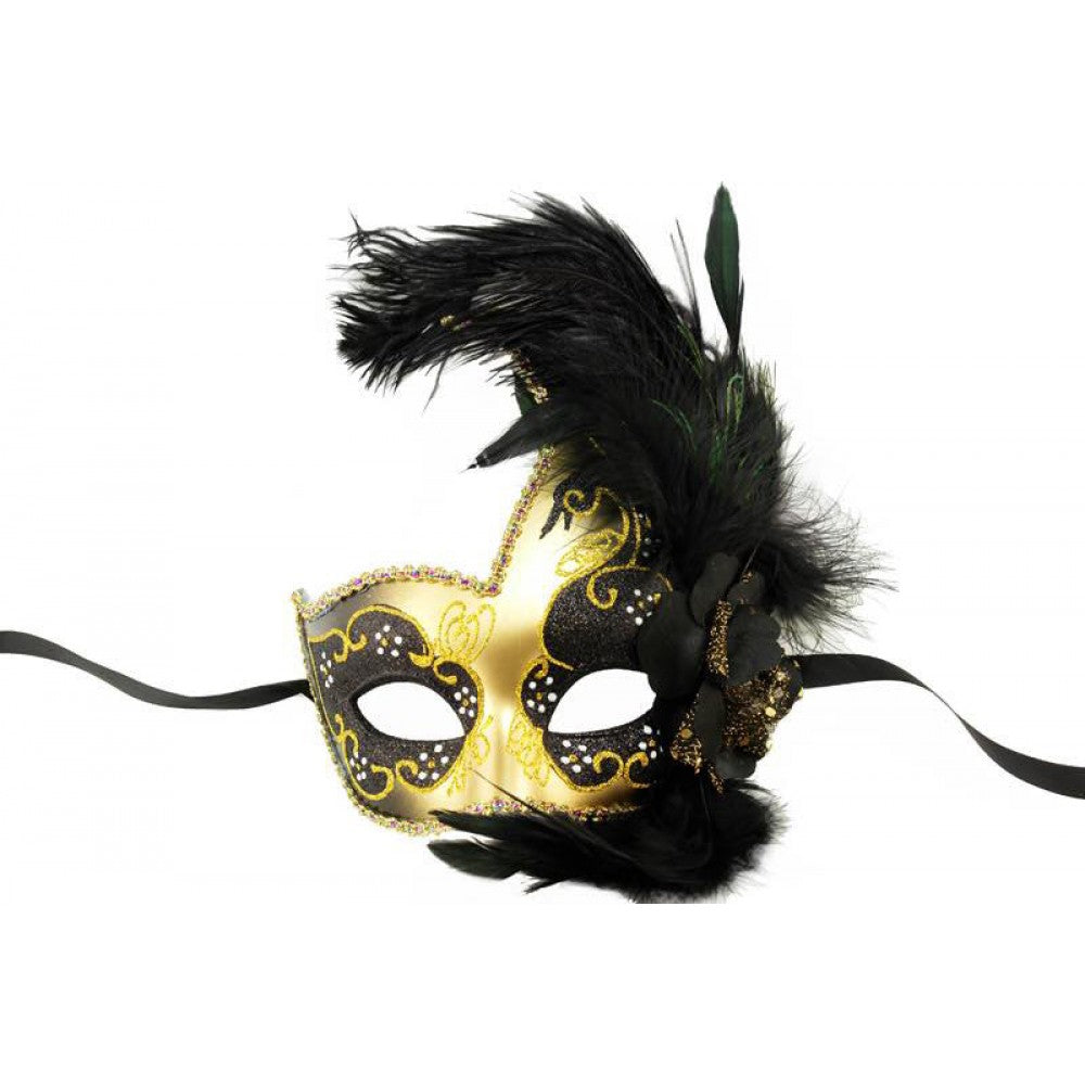 Black & Gold Half Mask with Glitter & Feathers