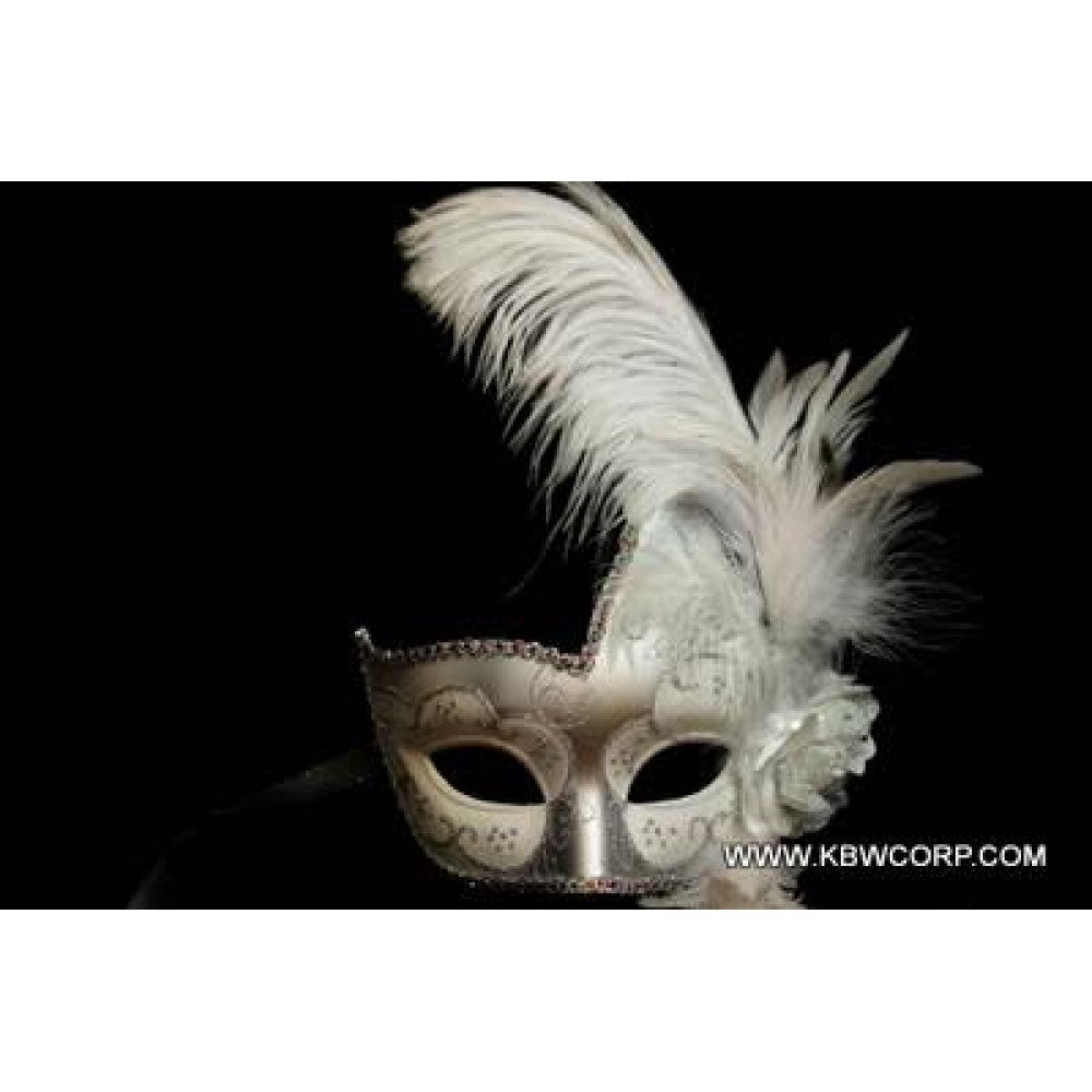 White & Silver Half Mask with Feathers