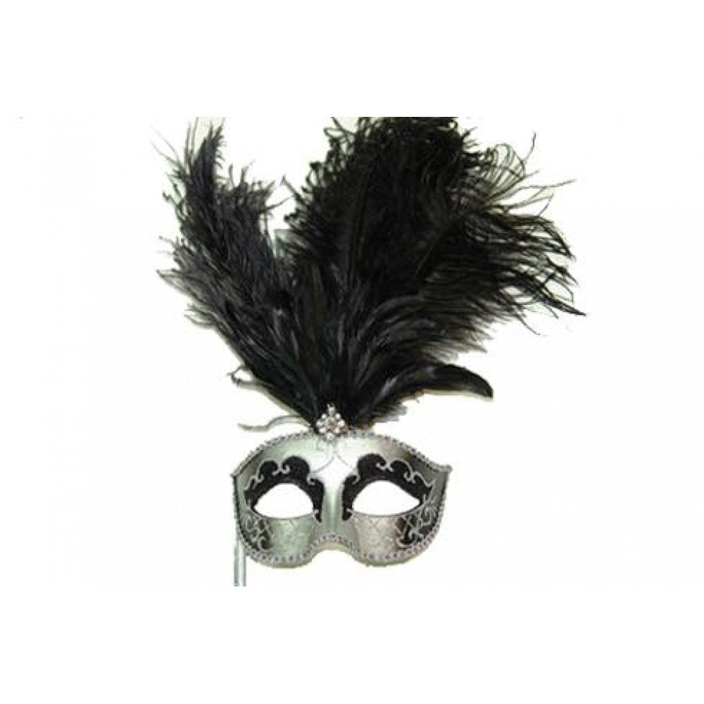 Black & SilverHalf Mask with Black Feathers on Stick