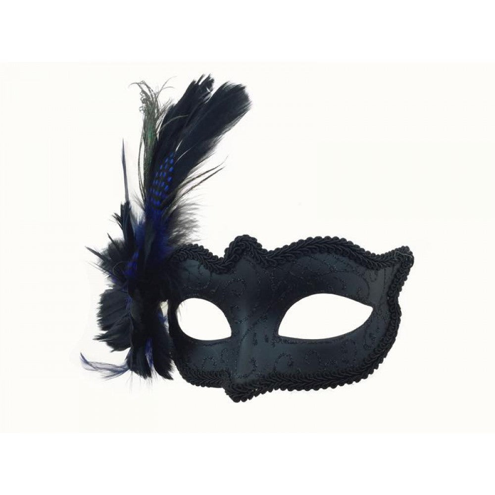 Black Peacock Feather Half Mask